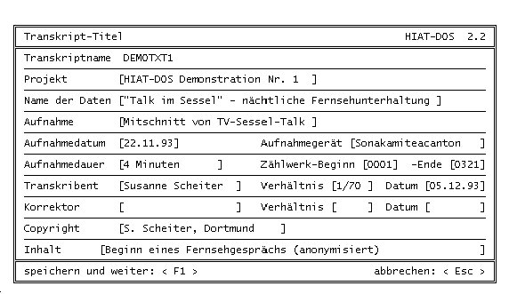 Bildschirmfoto der Erfassungsmaske fr HIAT-DOS-Transkript-Titel